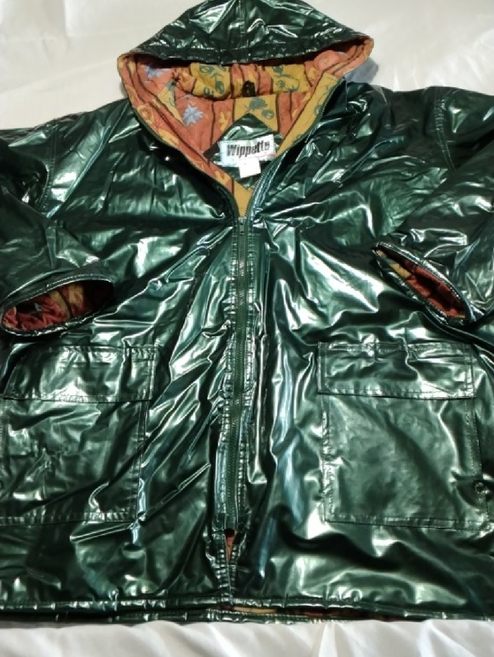 Vtg Women's Wippette Glossy Dark Green Hooded Vinyl Lined Jacket , XL , $21